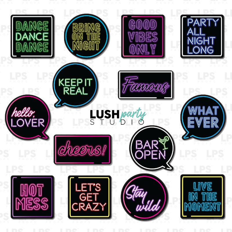 Neon Glow Party Photo Booth Word Prop Signs