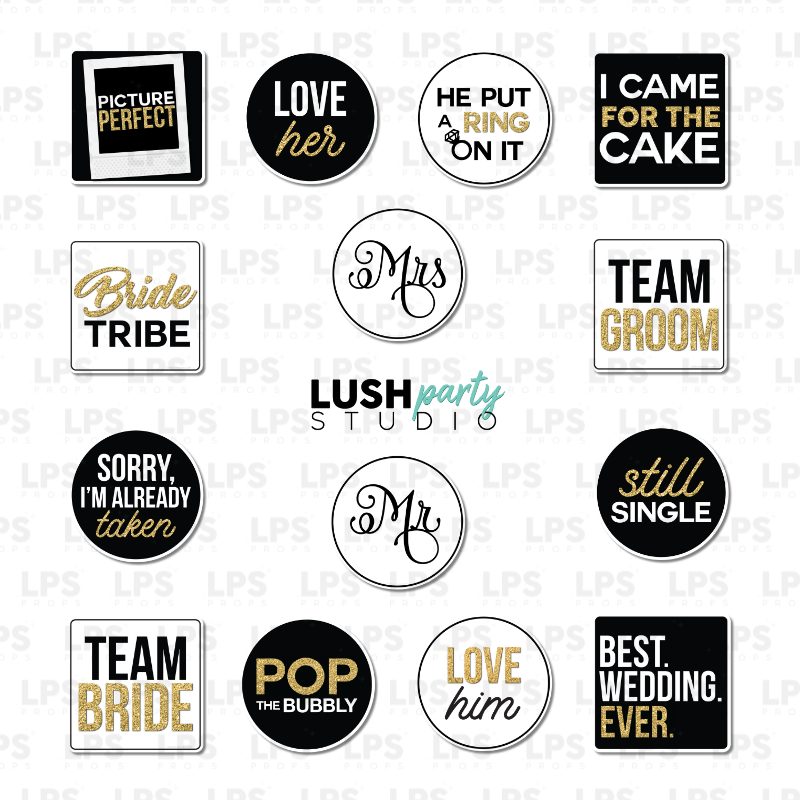 wedding classy black white gold bridal photo booth prop signs