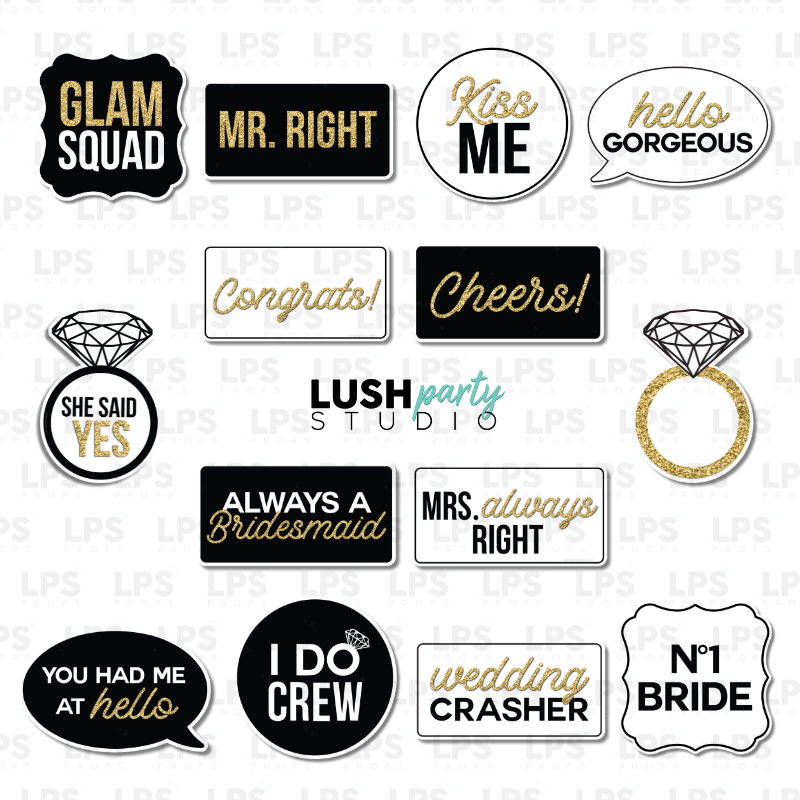 wedding black white gold classy photo booth prop signs